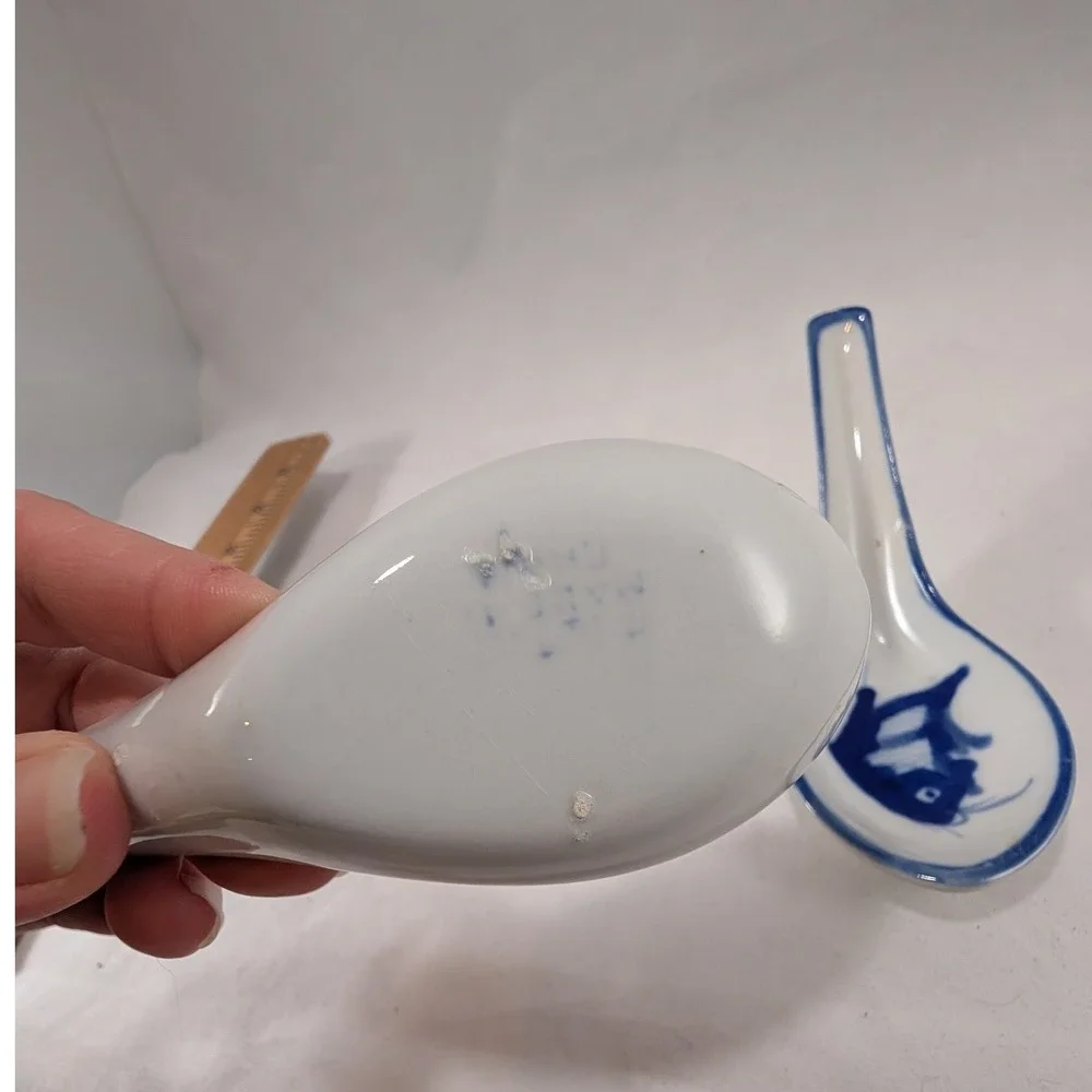 Vintage Chinese Blue and White Porcelain Fish Soup Spoons Set of 2 Made in China